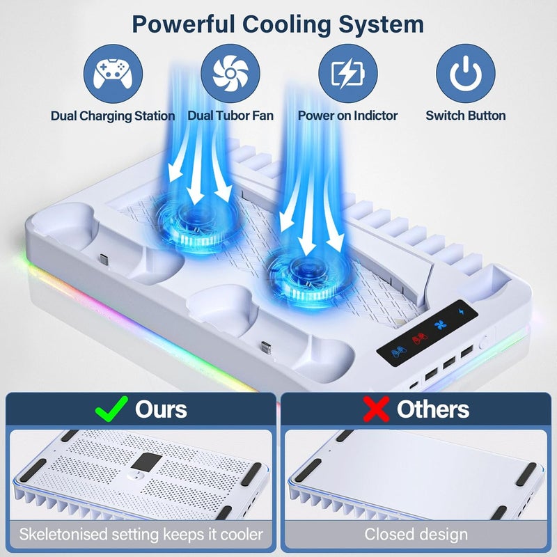 URXTRAL PS5/PS5 Slim Cooling Station, PS 5 Stand with Controller Charger for Playstation 5 Disc Console& Digital Console, for Playstation 5 Cooling Fan Accessories, LED,USB Hubs,Headset Holder,Games Slot - Image 3